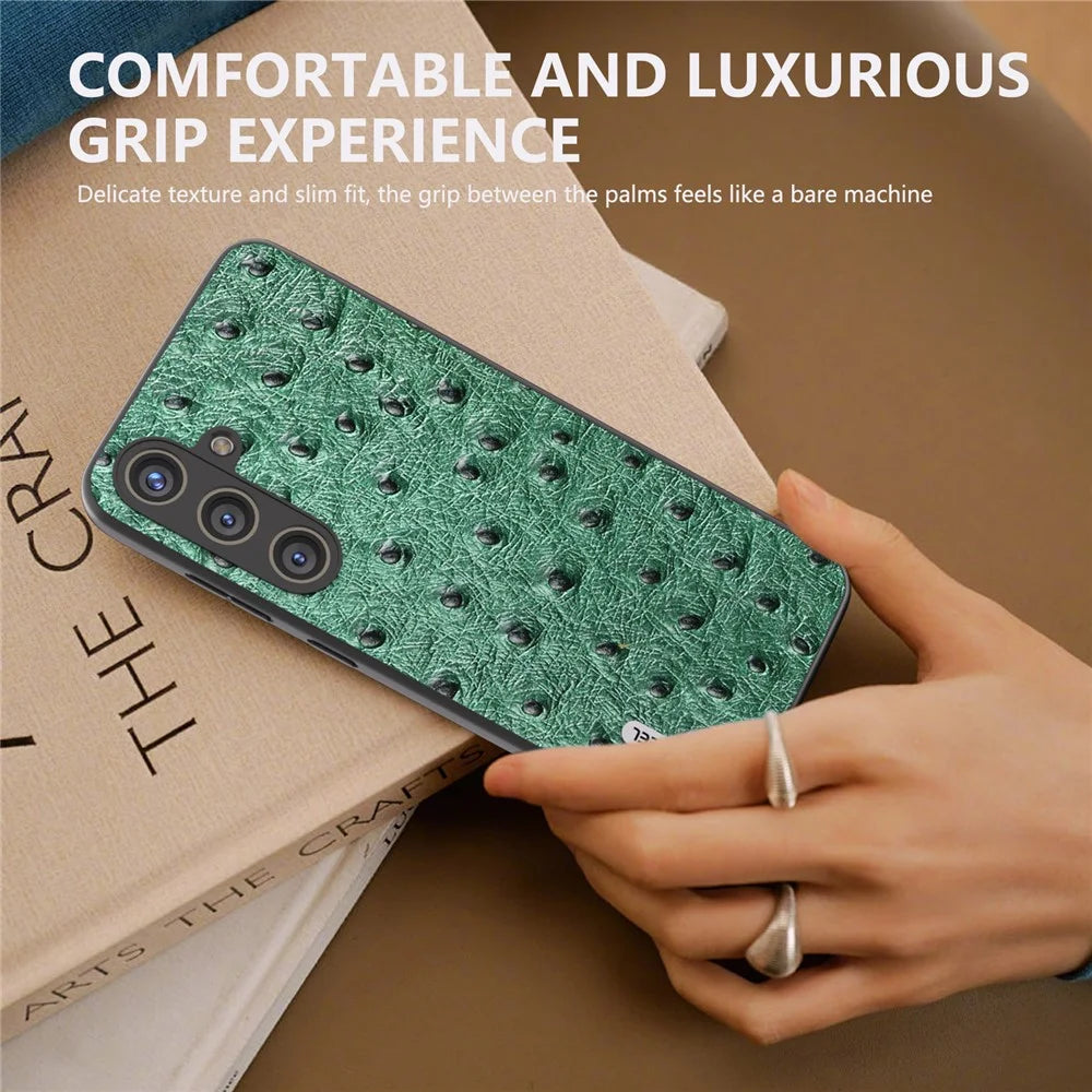 ABEEL For Samsung Galaxy S24+ Genuine Cow Leather Case Anti-slip Ostrich Pattern Phone Cover - Green - 6