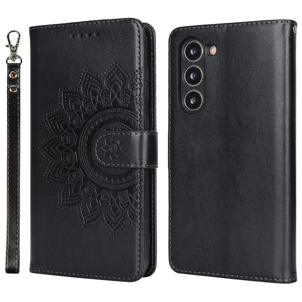 For Samsung Galaxy S23+ Case R61 Texture Flower Imprinted PU Leather Phone Cover with Wallet Stand - Black - 1