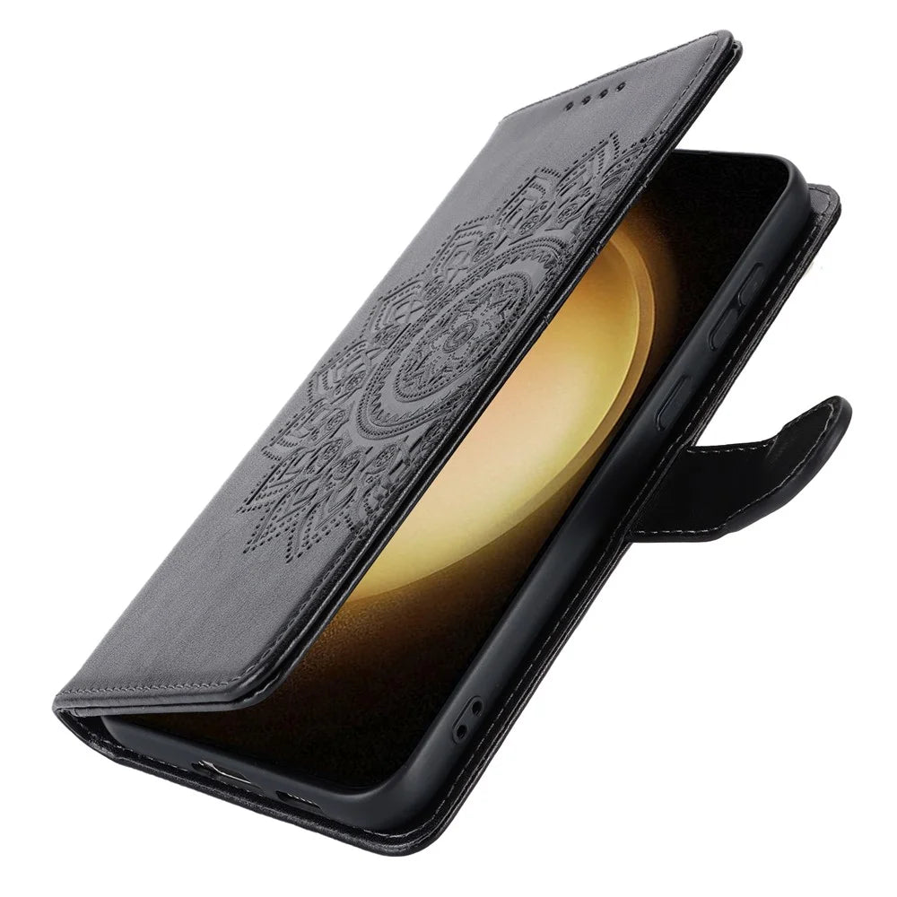 For Samsung Galaxy S23+ Case R61 Texture Flower Imprinted PU Leather Phone Cover with Wallet Stand - Black - 7