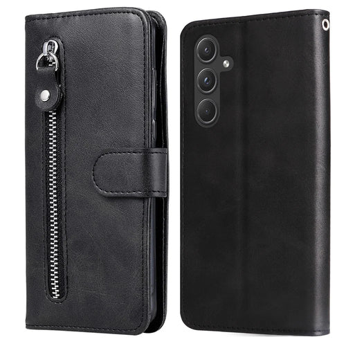 For Samsung Galaxy A55 5G Case Wallet Stand Calf Texture Phone Protector with Magnetic Flap - Black - 1