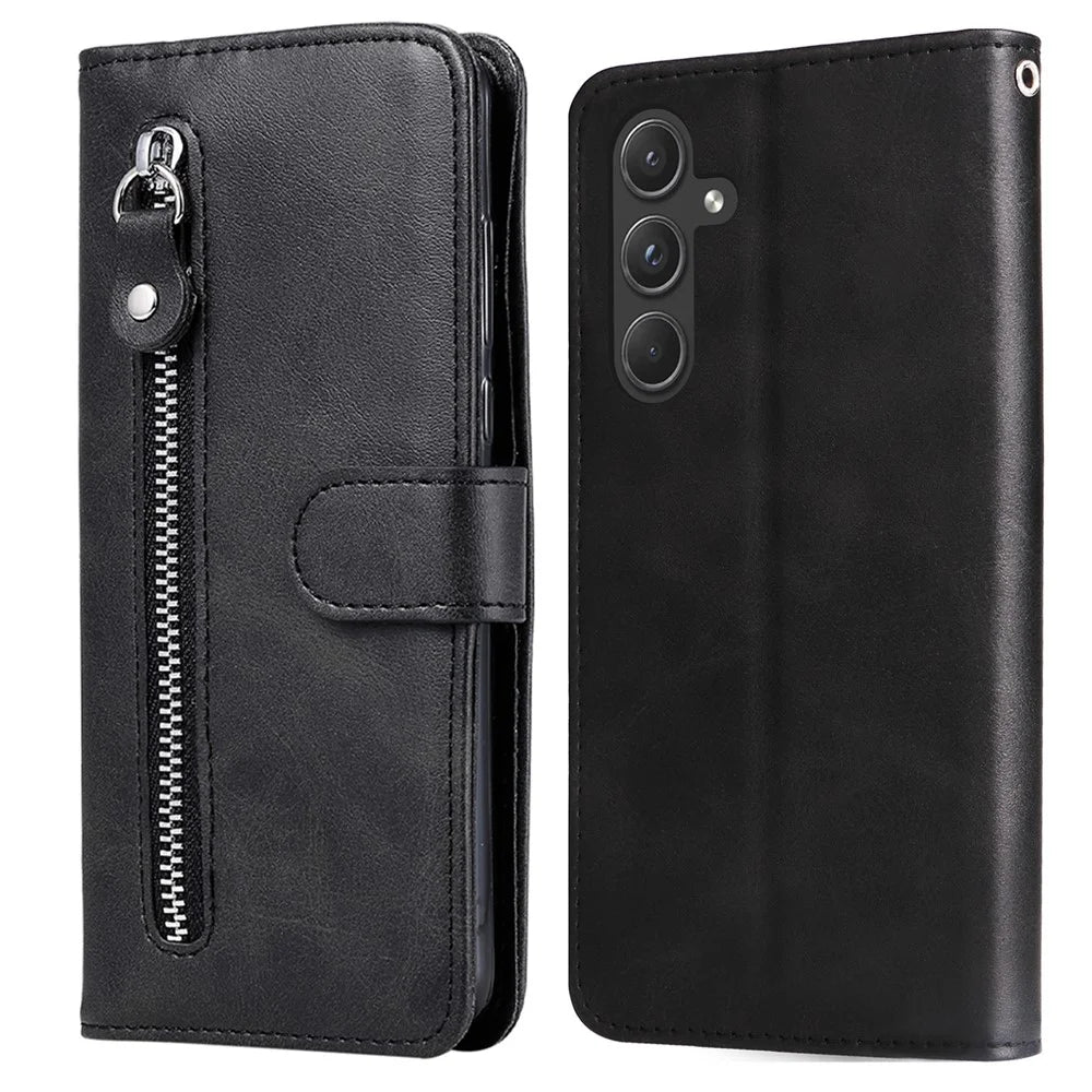 For Samsung Galaxy A55 5G Case Wallet Stand Calf Texture Phone Protector with Magnetic Flap - Black - 1