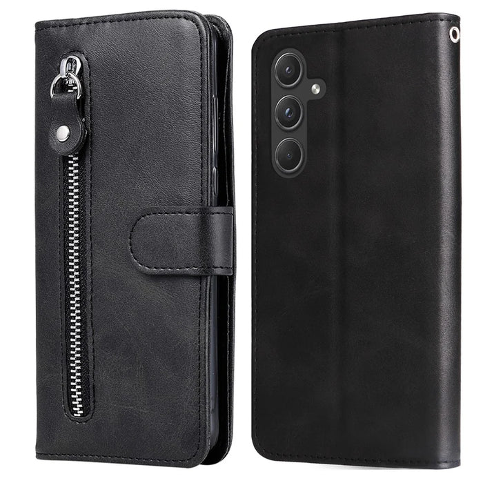 For Samsung Galaxy A55 5G Case Wallet Stand Calf Texture Phone Protector with Magnetic Flap - Black - 1