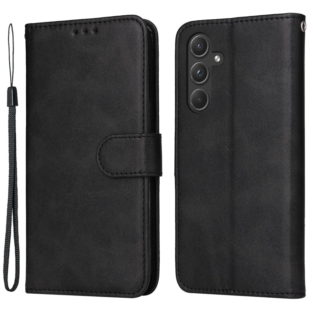 For Samsung Galaxy A55 5G Case Classic Calf Texture Leather Phone Guard Cover with Card Slots - Black - 1