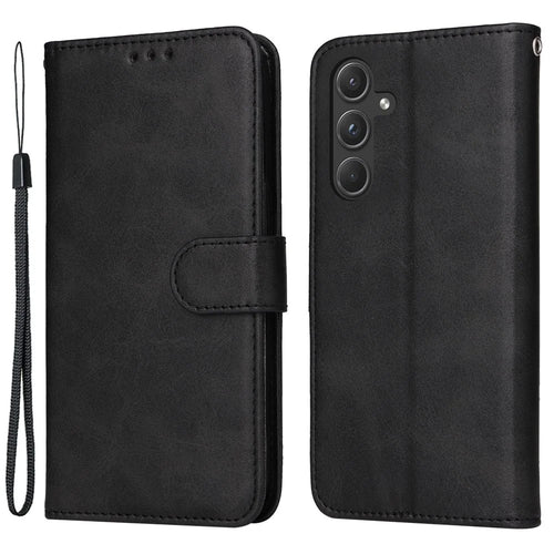 For Samsung Galaxy A55 5G Case Classic Calf Texture Leather Phone Guard Cover with Card Slots - Black - 1