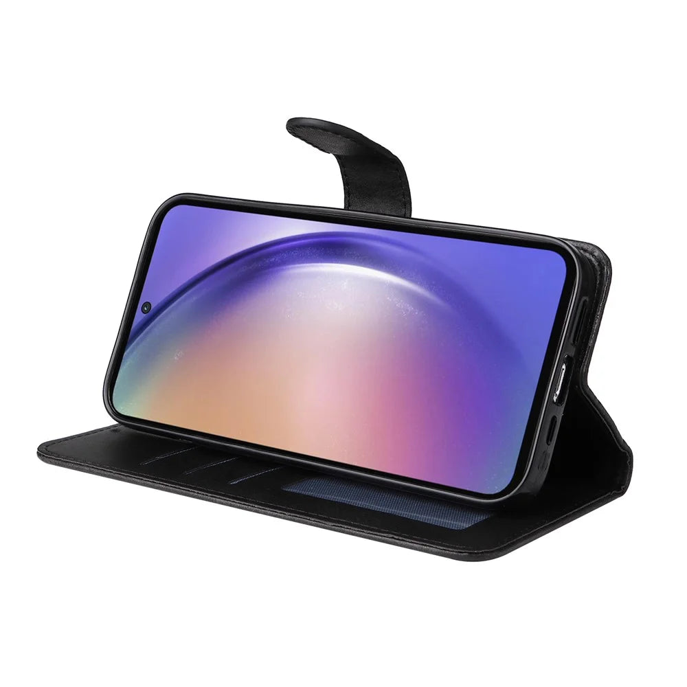 For Samsung Galaxy A55 5G Case Classic Calf Texture Leather Phone Guard Cover with Card Slots - Black - 3