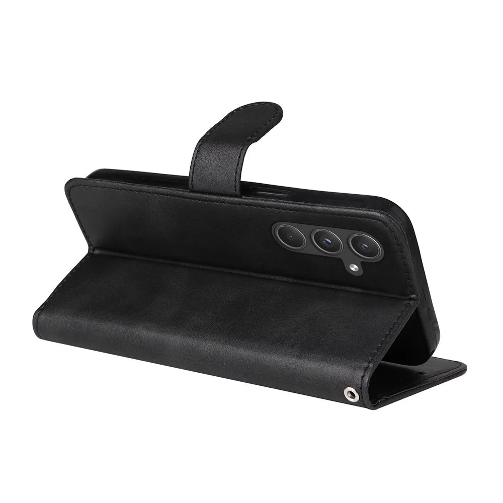 For Samsung Galaxy A55 5G Case Classic Calf Texture Leather Phone Guard Cover with Card Slots - Black - 4