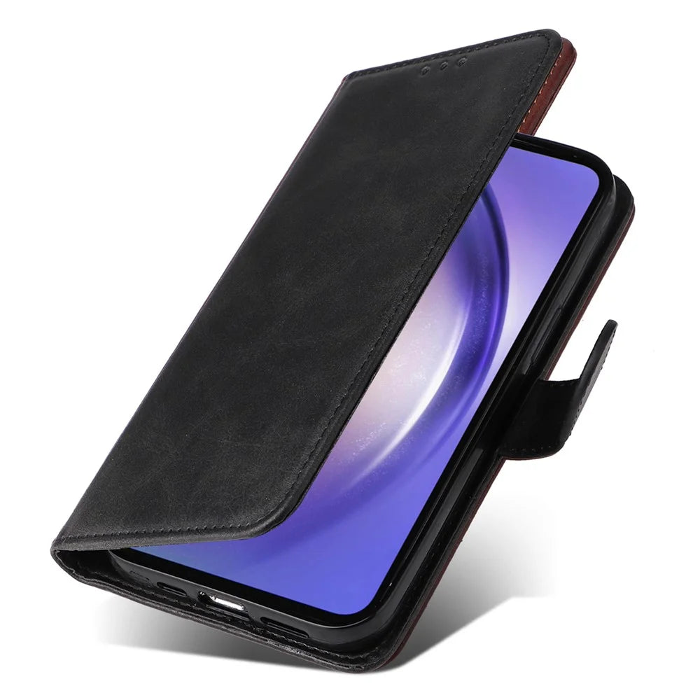 For Samsung Galaxy A55 5G Case Classic Calf Texture Leather Phone Guard Cover with Card Slots - Black - 5