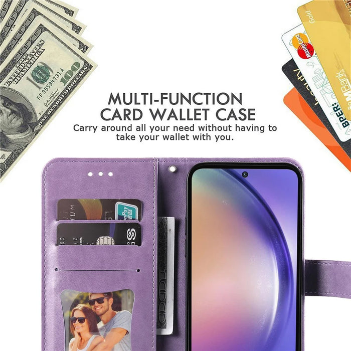 For Samsung Galaxy A55 5G Case Floral Pattern PU Leather Wallet Stand Phone Cover - Purple - 6