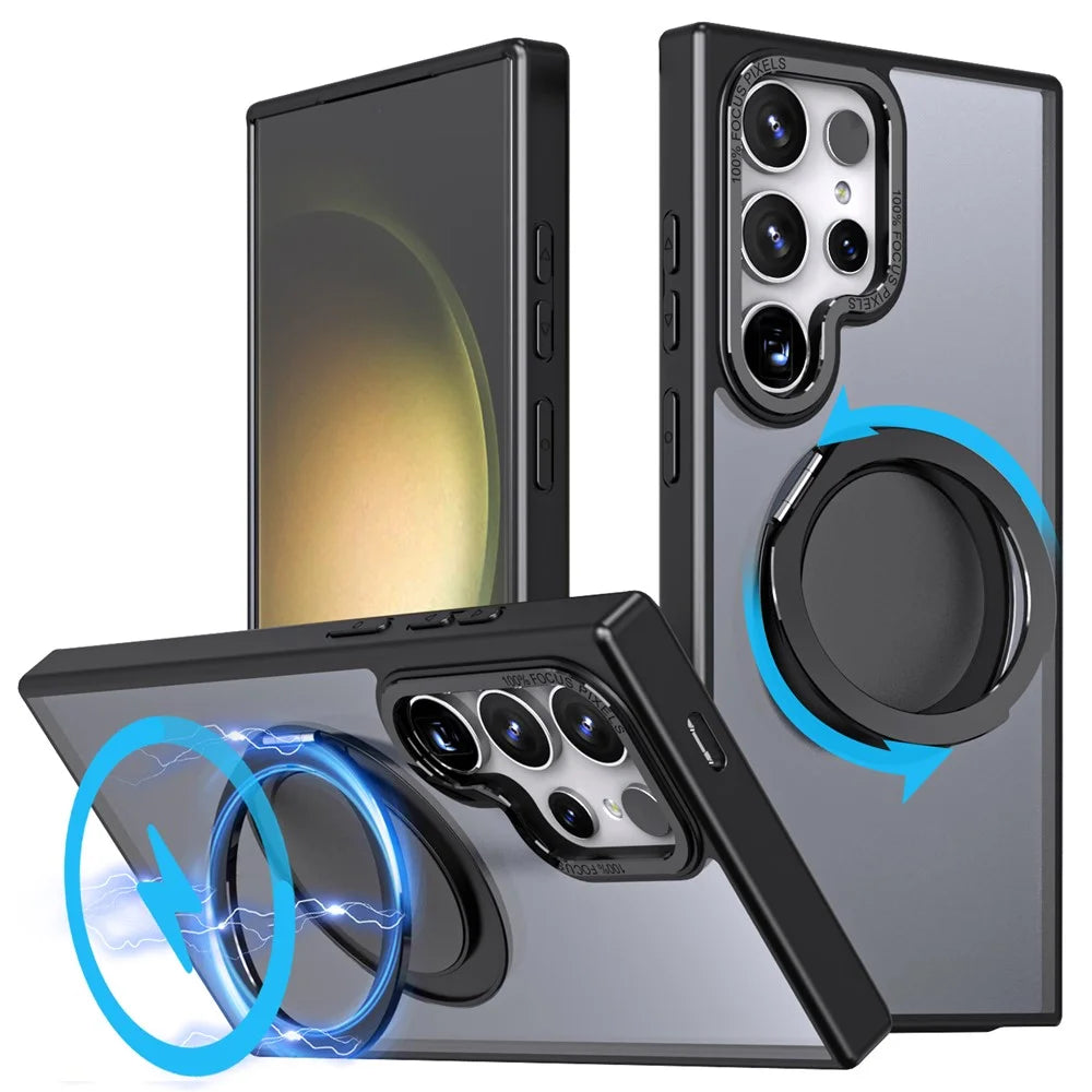 For Samsung Galaxy S24 Ultra Case Magnetic Phone Cover Rotary Ring Kickstand - Black - 1