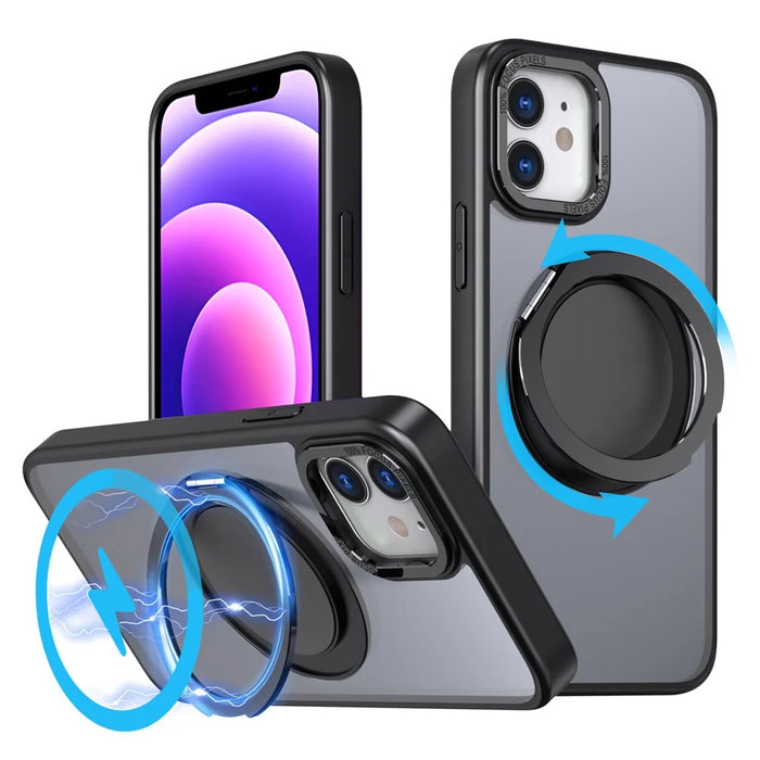 For iPhone 12 / 12 Pro Magnetic Case Rotary Ring Kickstand Phone Cover - Black - 1