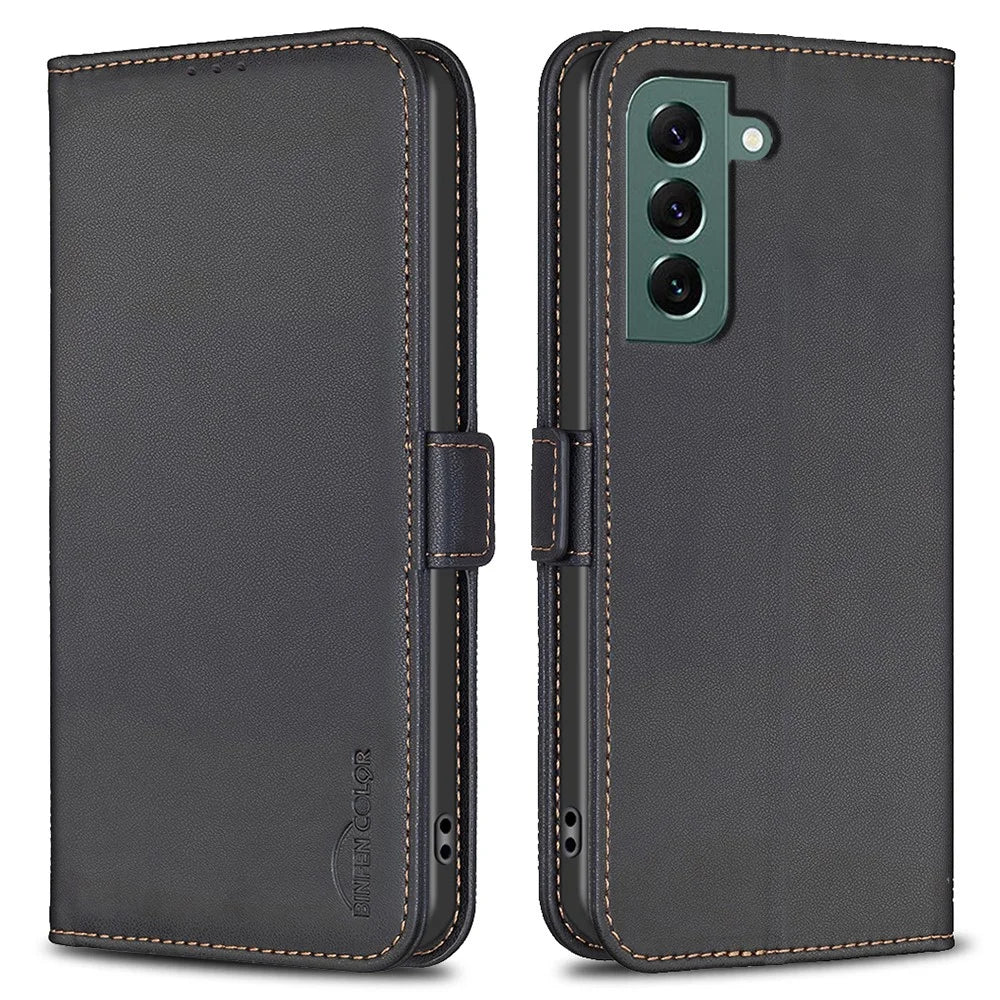 BINFEN COLOR BF31 For Samsung Galaxy S22 5G Case with Wallet Stand PU Leather Flip Phone Cover - Black - 1