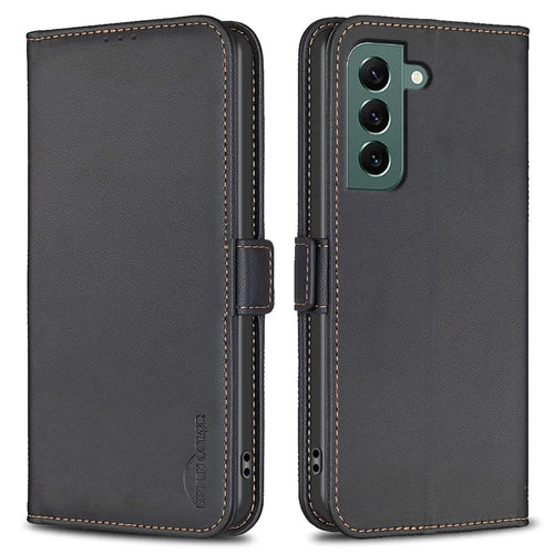 BINFEN COLOR BF31 For Samsung Galaxy S22 5G Case with Wallet Stand PU Leather Flip Phone Cover - Black - 1