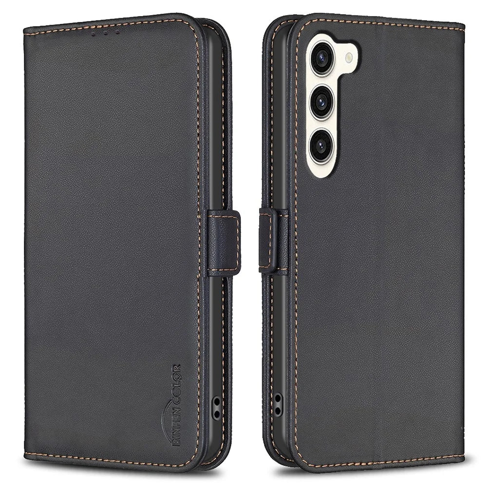 BINFEN COLOR BF31 For Samsung Galaxy S23 Case with Wallet Stand PU Leather Flip Phone Cover - Black - 1