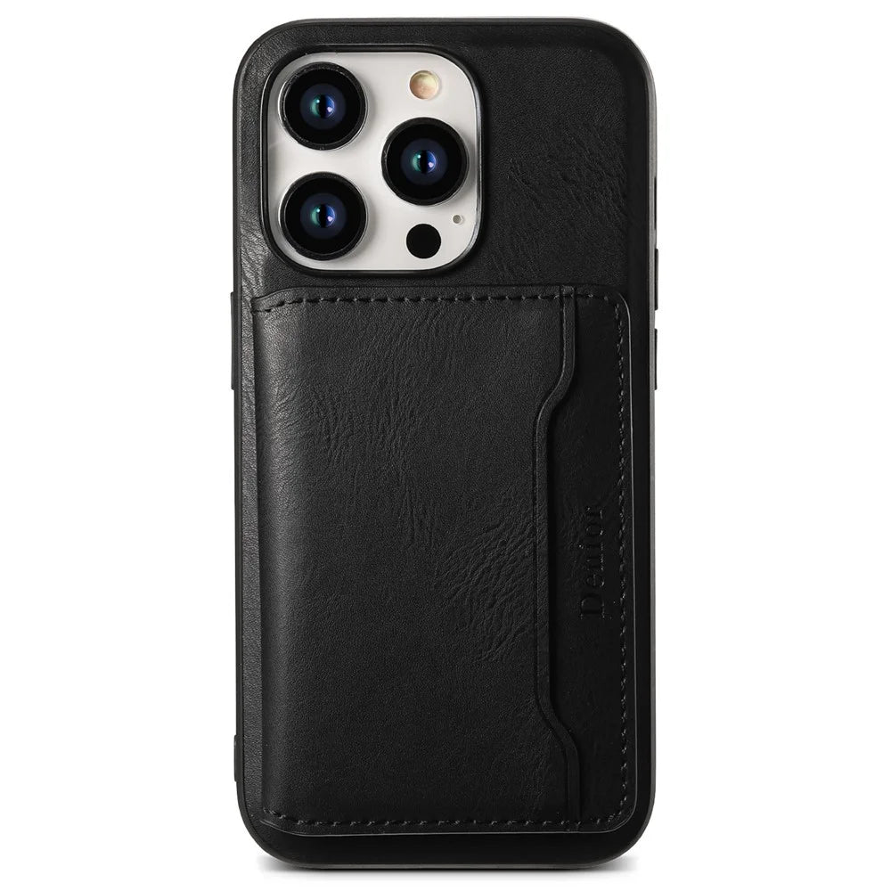 DENIOR For iPhone 15 Pro Magnetic Phone Case Kickstand Cover Detachable Card Bag - Black - 1