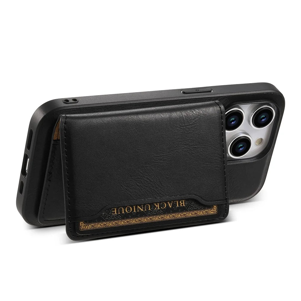 DENIOR For iPhone 15 Pro Magnetic Phone Case Kickstand Cover Detachable Card Bag - Black - 2