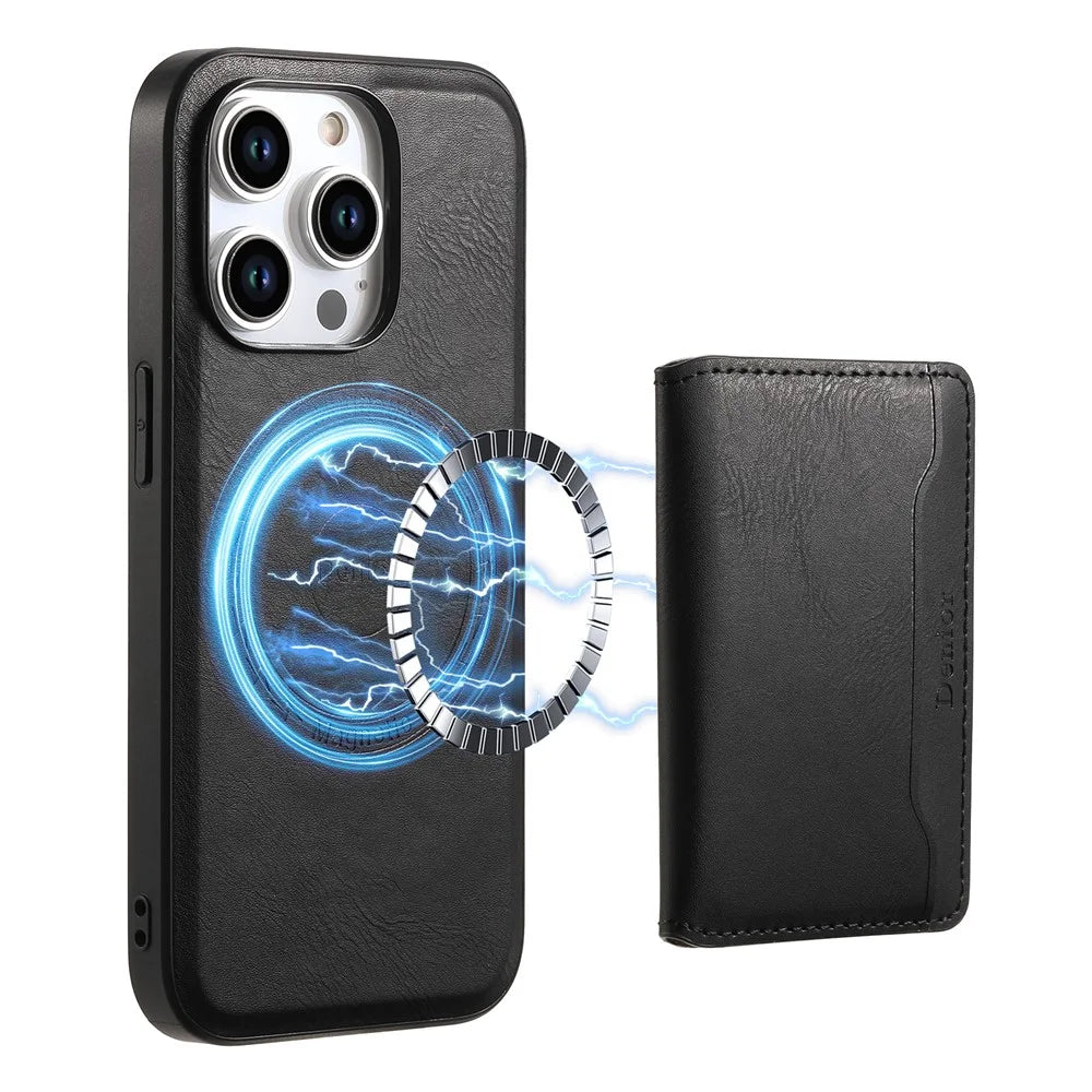 DENIOR For iPhone 15 Pro Magnetic Phone Case Kickstand Cover Detachable Card Bag - Black - 7