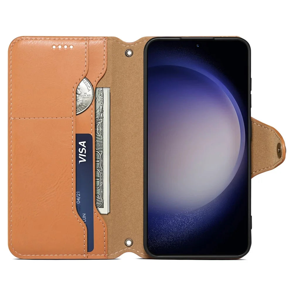 DENIOR For Samsung Galaxy S24 Leather Wallet Case Stand Cover Cowhide Texture - Khaki - 2