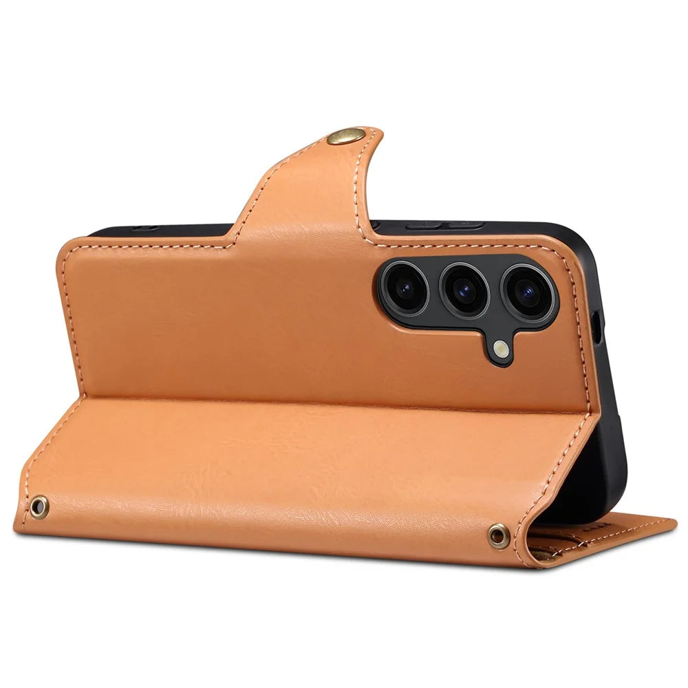 DENIOR For Samsung Galaxy S24 Leather Wallet Case Stand Cover Cowhide Texture - Khaki - 3