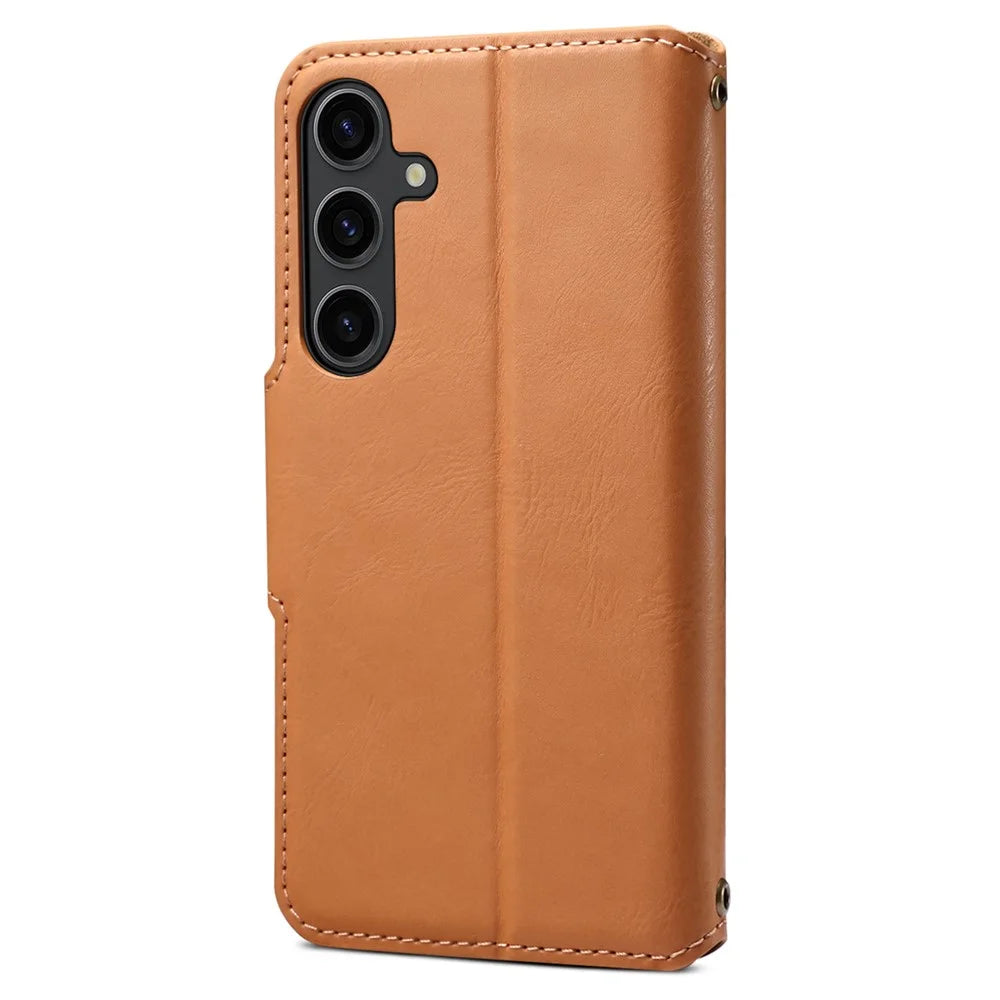 DENIOR For Samsung Galaxy S24 Leather Wallet Case Stand Cover Cowhide Texture - Khaki - 7