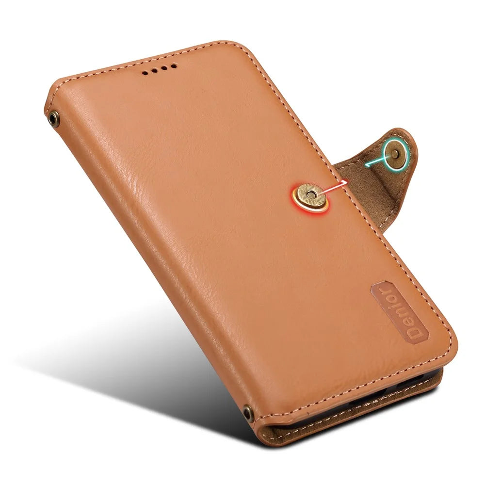 DENIOR For Samsung Galaxy S24+ Phone Case Cowhide Texture Leather Wallet Cover - Khaki - 4
