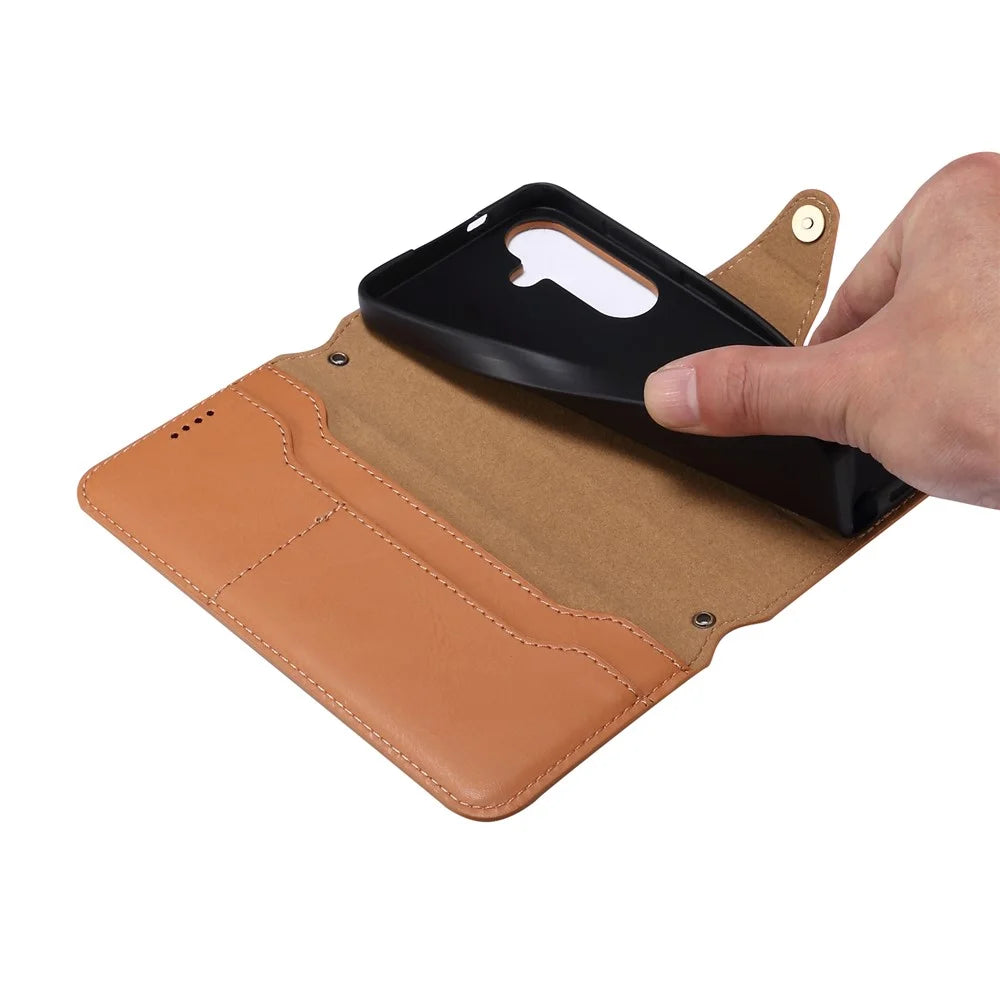 DENIOR For Samsung Galaxy S24+ Phone Case Cowhide Texture Leather Wallet Cover - Khaki - 5