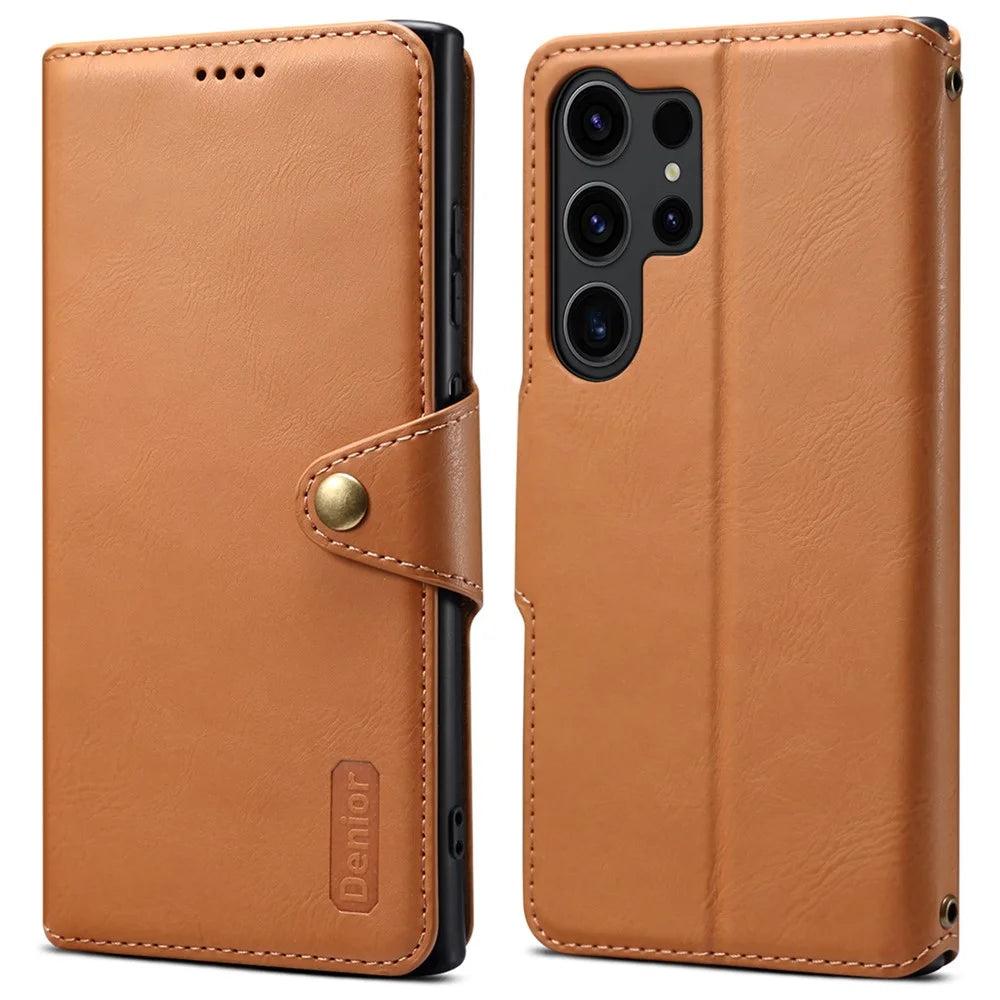 DENIOR For Samsung Galaxy S24 Ultra Case Cowhide Texture Leather Wallet Cover - Khaki - 1
