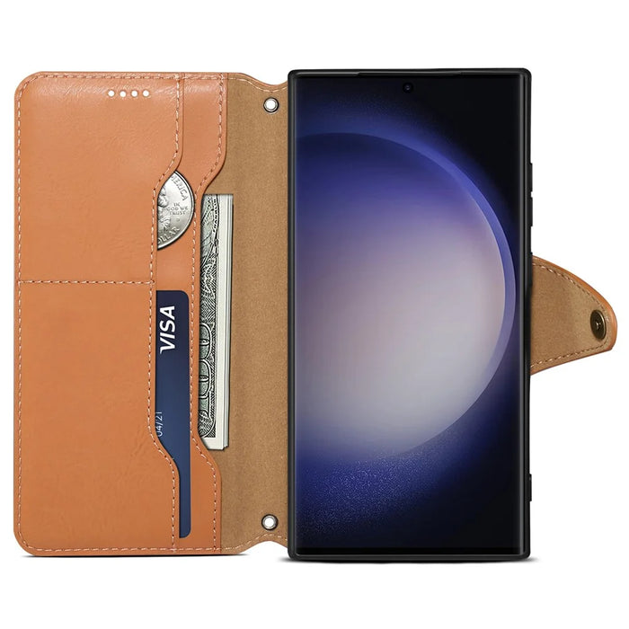DENIOR For Samsung Galaxy S24 Ultra Case Cowhide Texture Leather Wallet Cover - Khaki - 2
