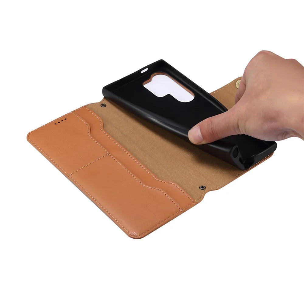 DENIOR For Samsung Galaxy S24 Ultra Case Cowhide Texture Leather Wallet Cover - Khaki - 5