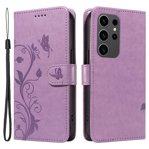 For Samsung Galaxy S24 Ultra PU Leather Cases Flower Pattern Wallet Stand Phone Cover with Strap - Purple - 1