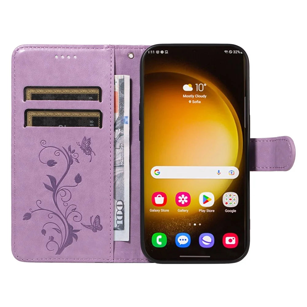 For Samsung Galaxy S24 Ultra PU Leather Cases Flower Pattern Wallet Stand Phone Cover with Strap - Purple - 2
