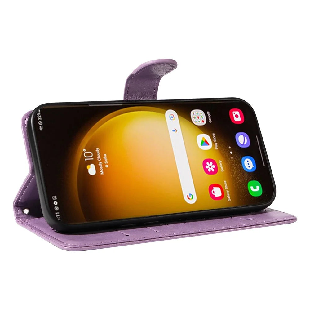 For Samsung Galaxy S24 Ultra PU Leather Cases Flower Pattern Wallet Stand Phone Cover with Strap - Purple - 3