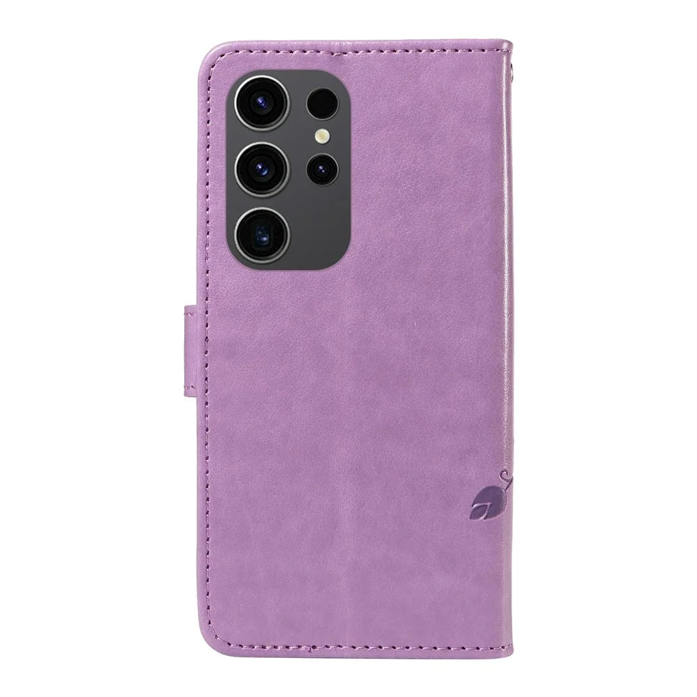 For Samsung Galaxy S24 Ultra PU Leather Cases Flower Pattern Wallet Stand Phone Cover with Strap - Purple - 7