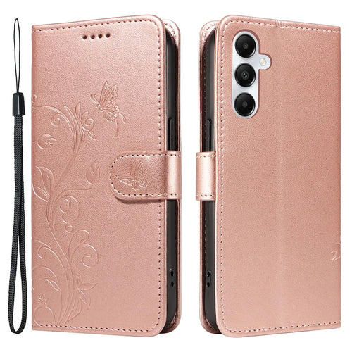 For Samsung Galaxy A05s 4G PU Leather Cases Flower Pattern Wallet Stand Phone Cover with Strap - Rose Gold - 1