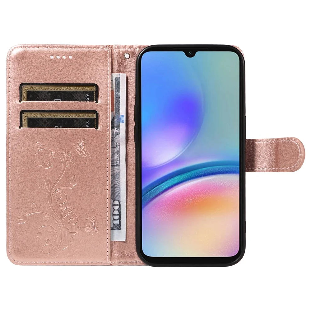 For Samsung Galaxy A05s 4G PU Leather Cases Flower Pattern Wallet Stand Phone Cover with Strap - Rose Gold - 2