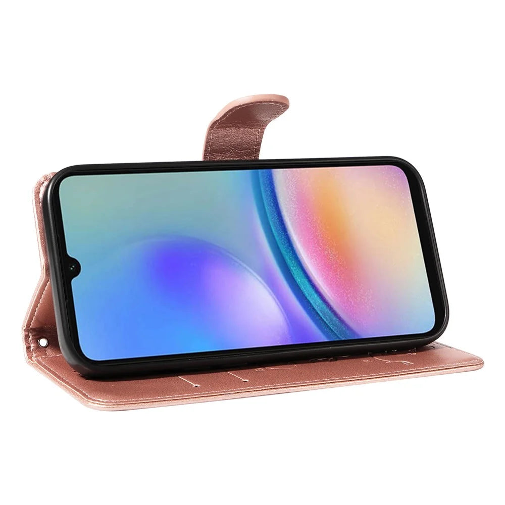 For Samsung Galaxy A05s 4G PU Leather Cases Flower Pattern Wallet Stand Phone Cover with Strap - Rose Gold - 3