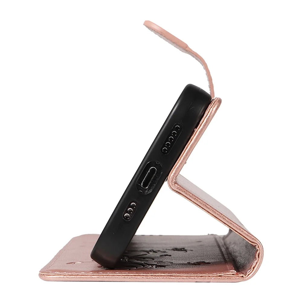 For Samsung Galaxy A05s 4G PU Leather Cases Flower Pattern Wallet Stand Phone Cover with Strap - Rose Gold - 5