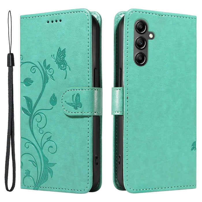 For Samsung Galaxy A15 5G PU Leather Cases Flower Pattern Wallet Stand Phone Cover with Strap - Green - 1