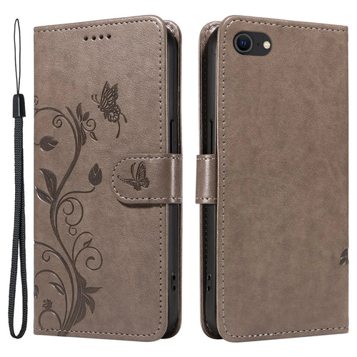 For iPhone 6 / 6s / 7 / 8 / SE (2020) / SE (2022) PU Leather Cases Flower Pattern Wallet Stand Phone Cover with Strap - Grey - 1
