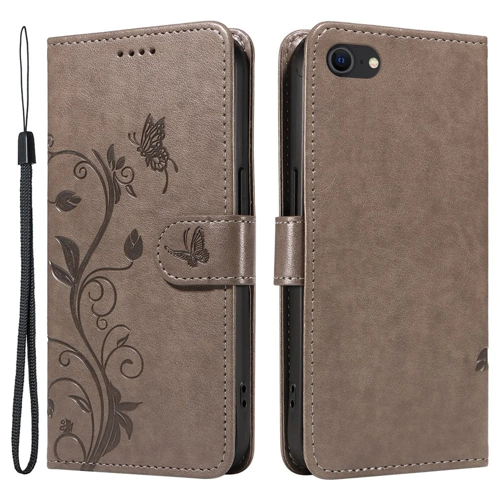 For iPhone 6 / 6s / 7 / 8 / SE (2020) / SE (2022) PU Leather Cases Flower Pattern Wallet Stand Phone Cover with Strap - Grey - 1