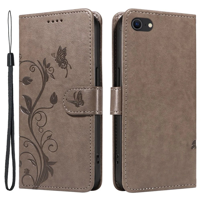 For iPhone 6 / 6s / 7 / 8 / SE (2020) / SE (2022) PU Leather Cases Flower Pattern Wallet Stand Phone Cover with Strap - Grey - 1