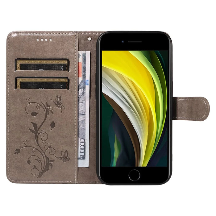 For iPhone 6 / 6s / 7 / 8 / SE (2020) / SE (2022) PU Leather Cases Flower Pattern Wallet Stand Phone Cover with Strap - Grey - 2
