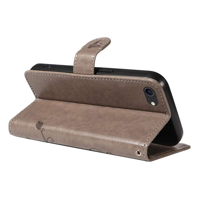 For iPhone 6 / 6s / 7 / 8 / SE (2020) / SE (2022) PU Leather Cases Flower Pattern Wallet Stand Phone Cover with Strap - Grey - 4