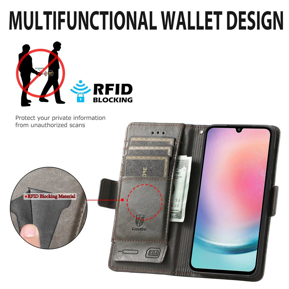 For Samsung Galaxy A25 5G (Global) (161mm) Phone Cases CASENEO PU Leather Cover Stand with RFID Blocking Wallet - Grey - 6