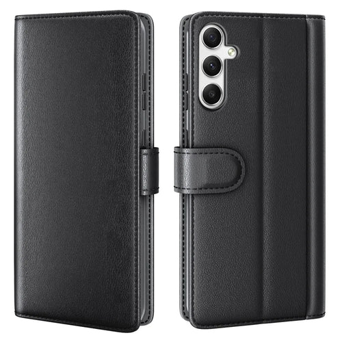 For Samsung Galaxy A35 5G Case Genuine Split Leather Phone Cover with Wallet Stand - Black - 1