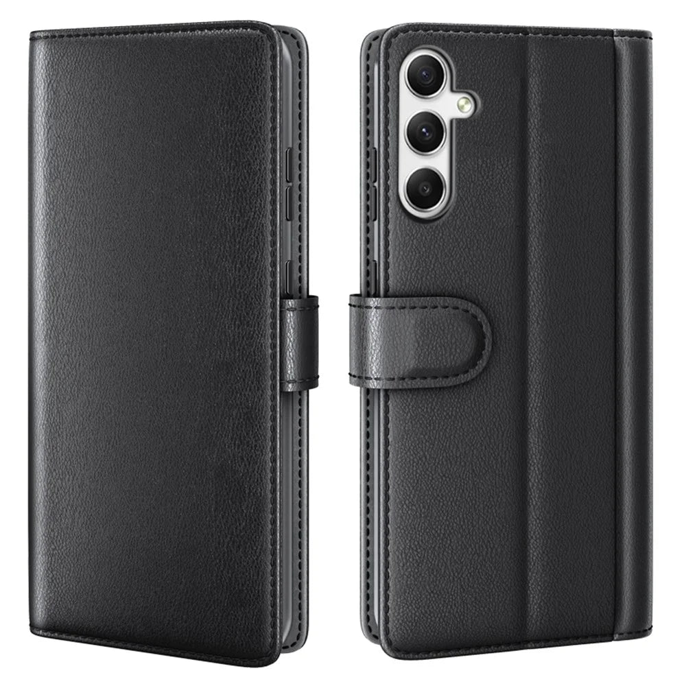 For Samsung Galaxy A35 5G Case Genuine Split Leather Phone Cover with Wallet Stand - Black - 1