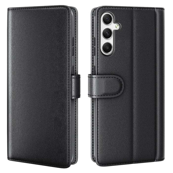 For Samsung Galaxy A35 5G Case Genuine Split Leather Phone Cover with Wallet Stand - Black - 1