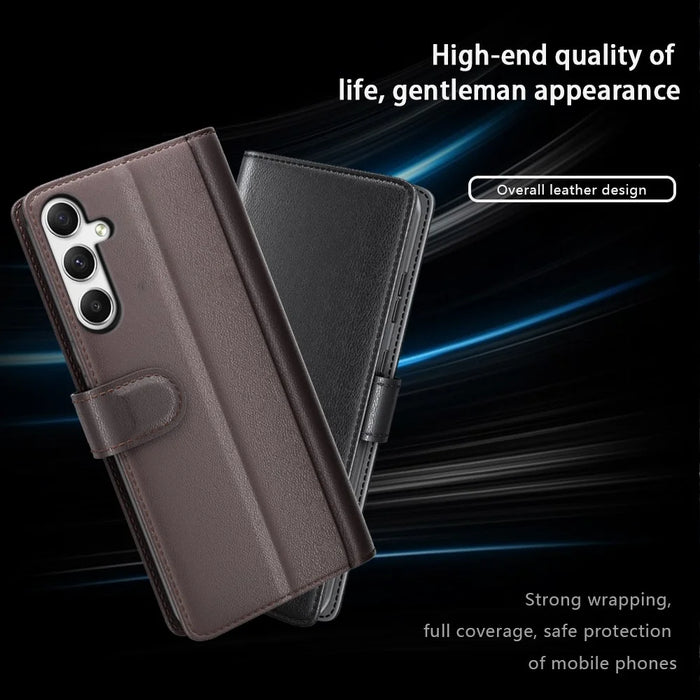 For Samsung Galaxy A35 5G Case Genuine Split Leather Phone Cover with Wallet Stand - Black - 4