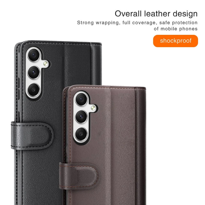 For Samsung Galaxy A35 5G Case Genuine Split Leather Phone Cover with Wallet Stand - Black - 5