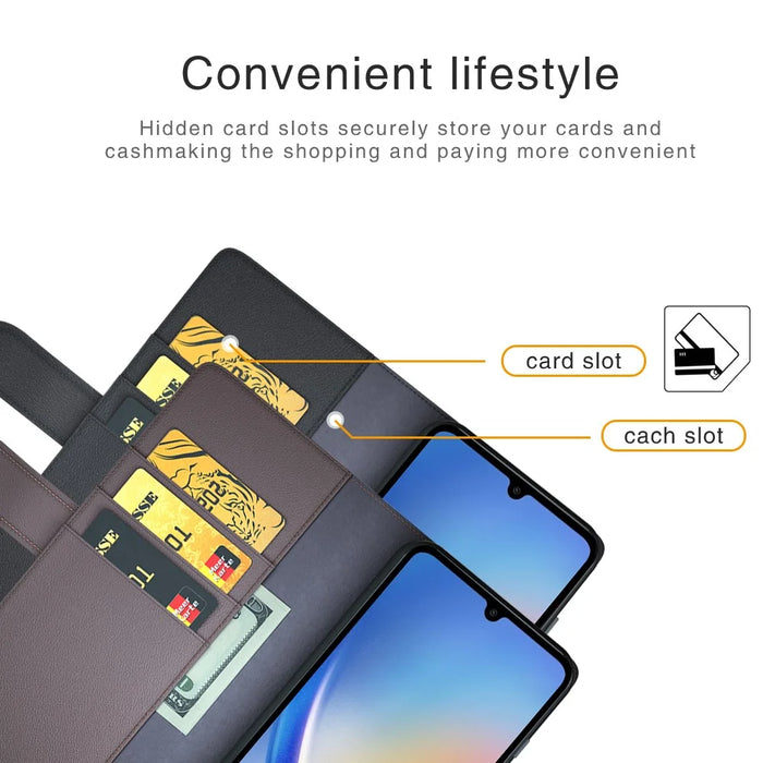 For Samsung Galaxy A35 5G Case Genuine Split Leather Phone Cover with Wallet Stand - Black - 6