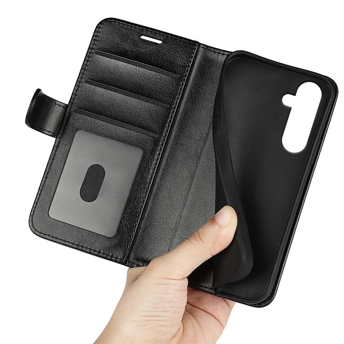 For Samsung Galaxy A35 5G PU Leather Phone Cover Crazy Horse Texture Wallet Card Slots Case - Black - 5